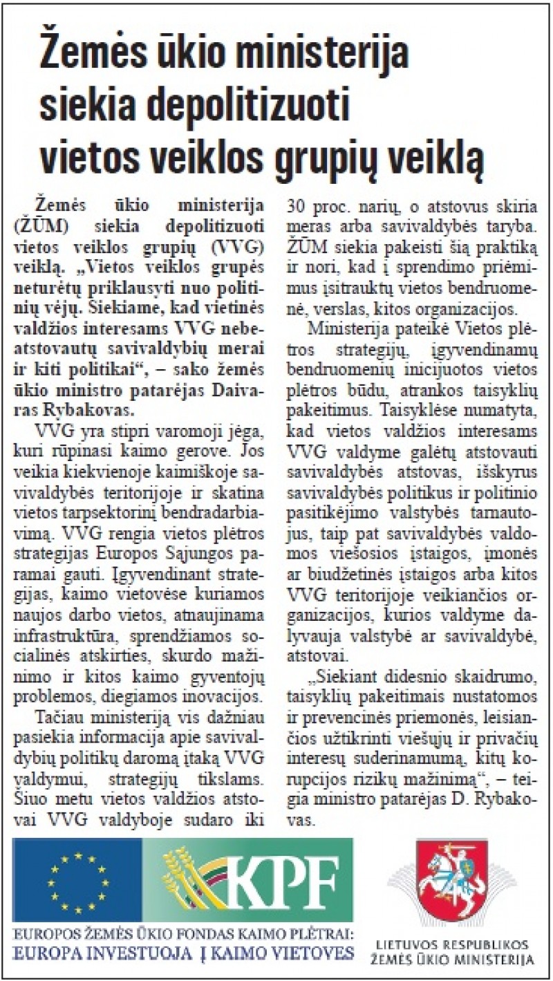 Žemės ūkio ministerija siekia depolitizuoti vietos veiklos grupių veiklą