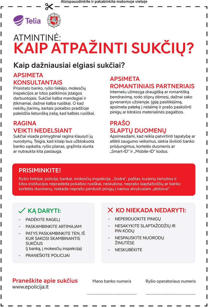&bdquo;Telia&ldquo; ir Lietuvos policija kviečia senjorus namuose pasikabinti atmintinę prie&scaron; sukčius